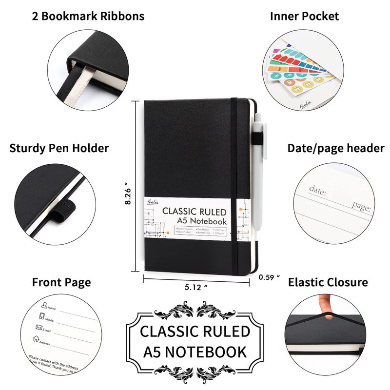 Feela 12 Pack Notebooks Journals Bulk with 12 Black Pens, Feela A5 Hardcover Notebook Classic Ruled Journal Set with Pen Holder for School Business Work Travel Writing, 120 GSM, 5.1â€x8.3â€, Black - Image 2